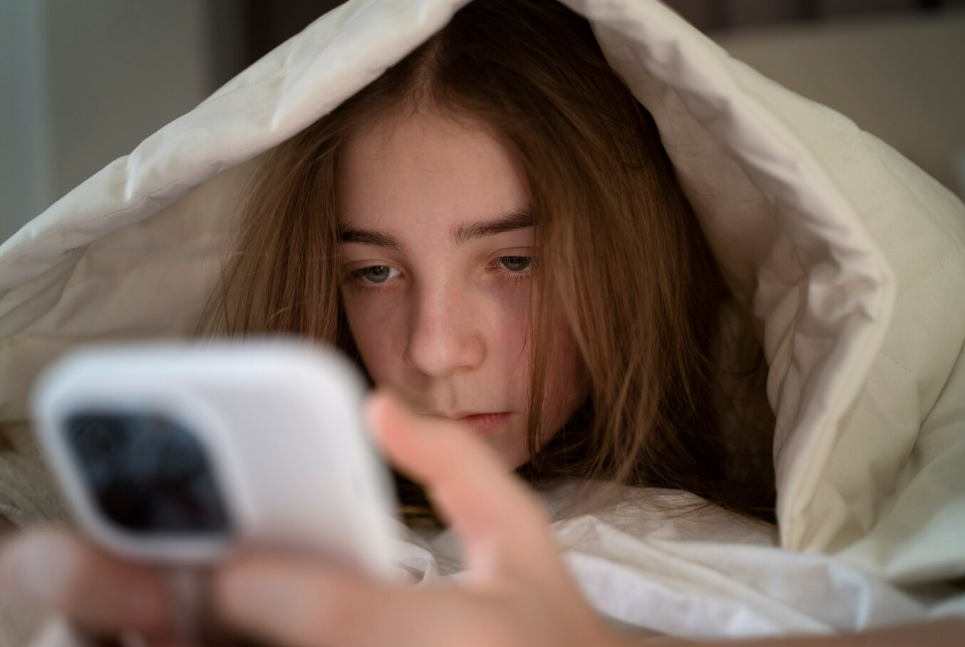 adolescente con un teléfono móvil en la cama