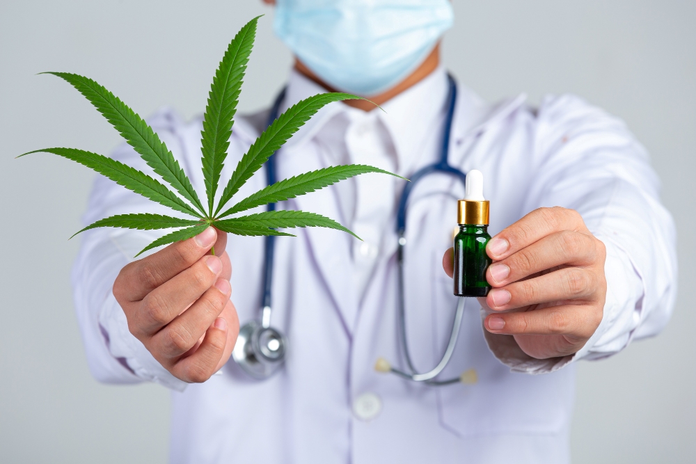 Metge amb una fulla de cànnabis i oli