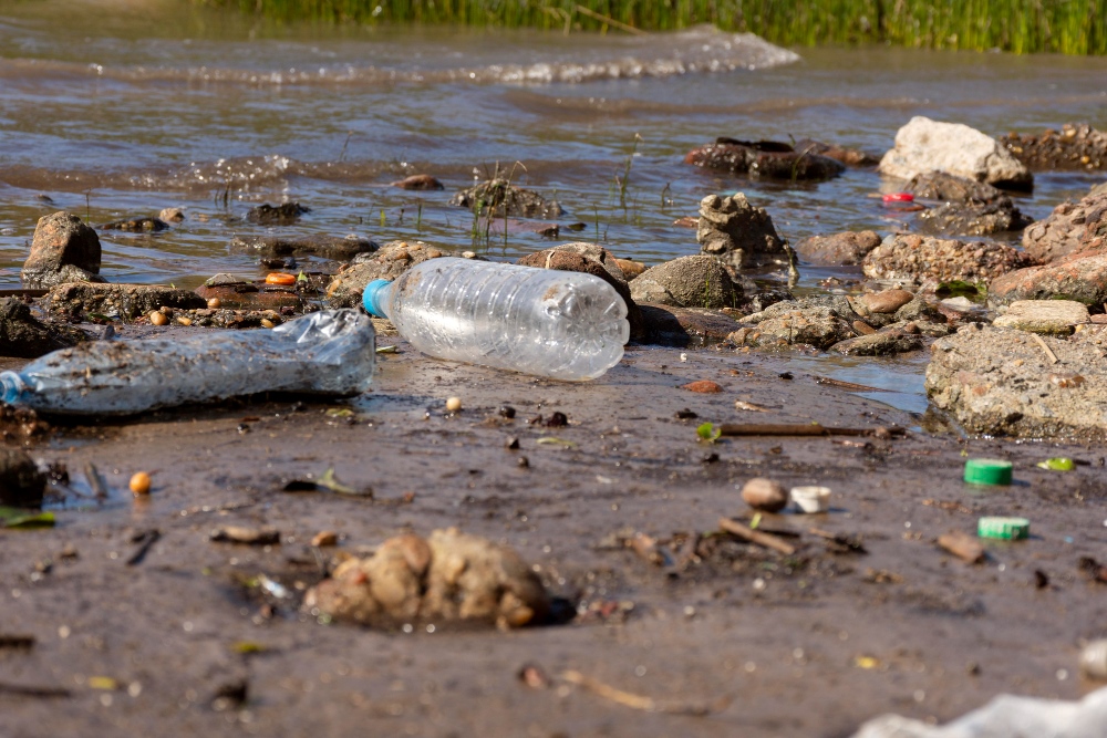 Plásticos en la orilla de un río